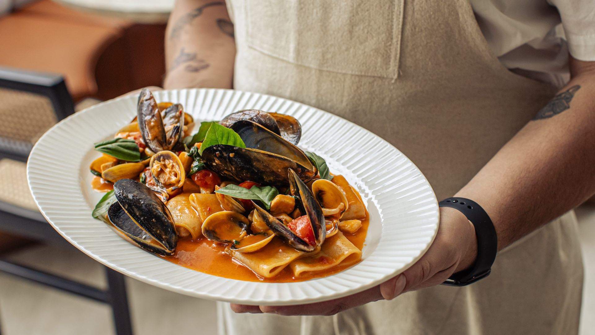 A plate of paccheri with clams and mussels